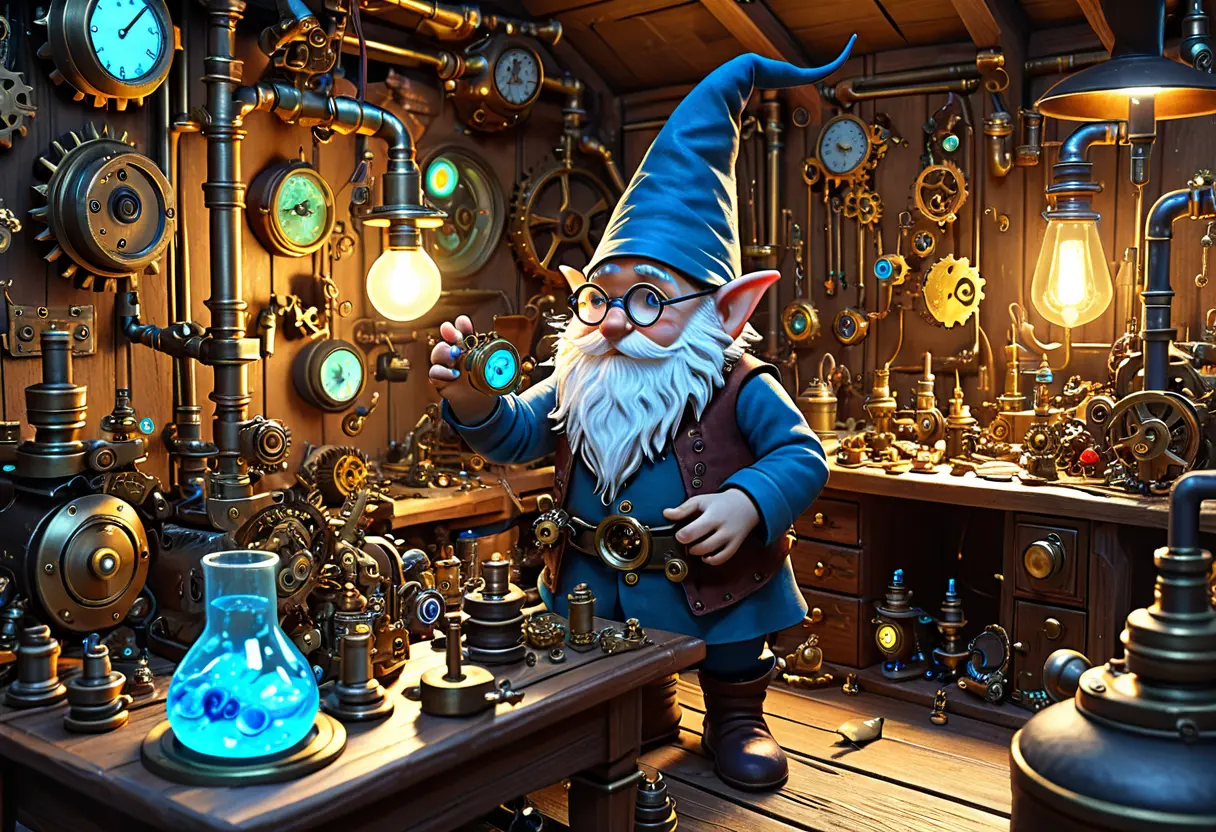 A Gnome workshop filled with gears and blue sparks.