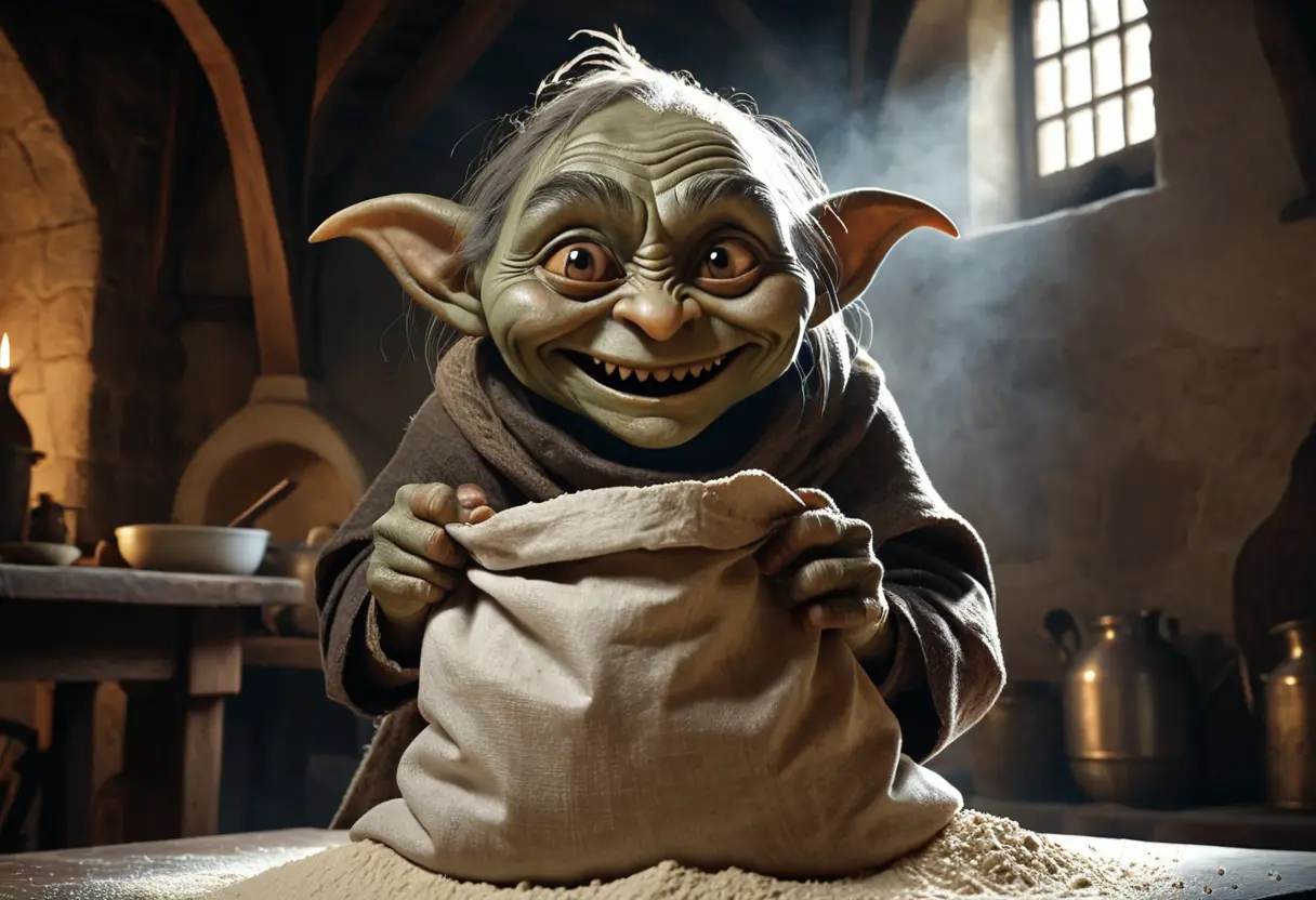 A small, mischievous spirit hiding in a kitchen corner.