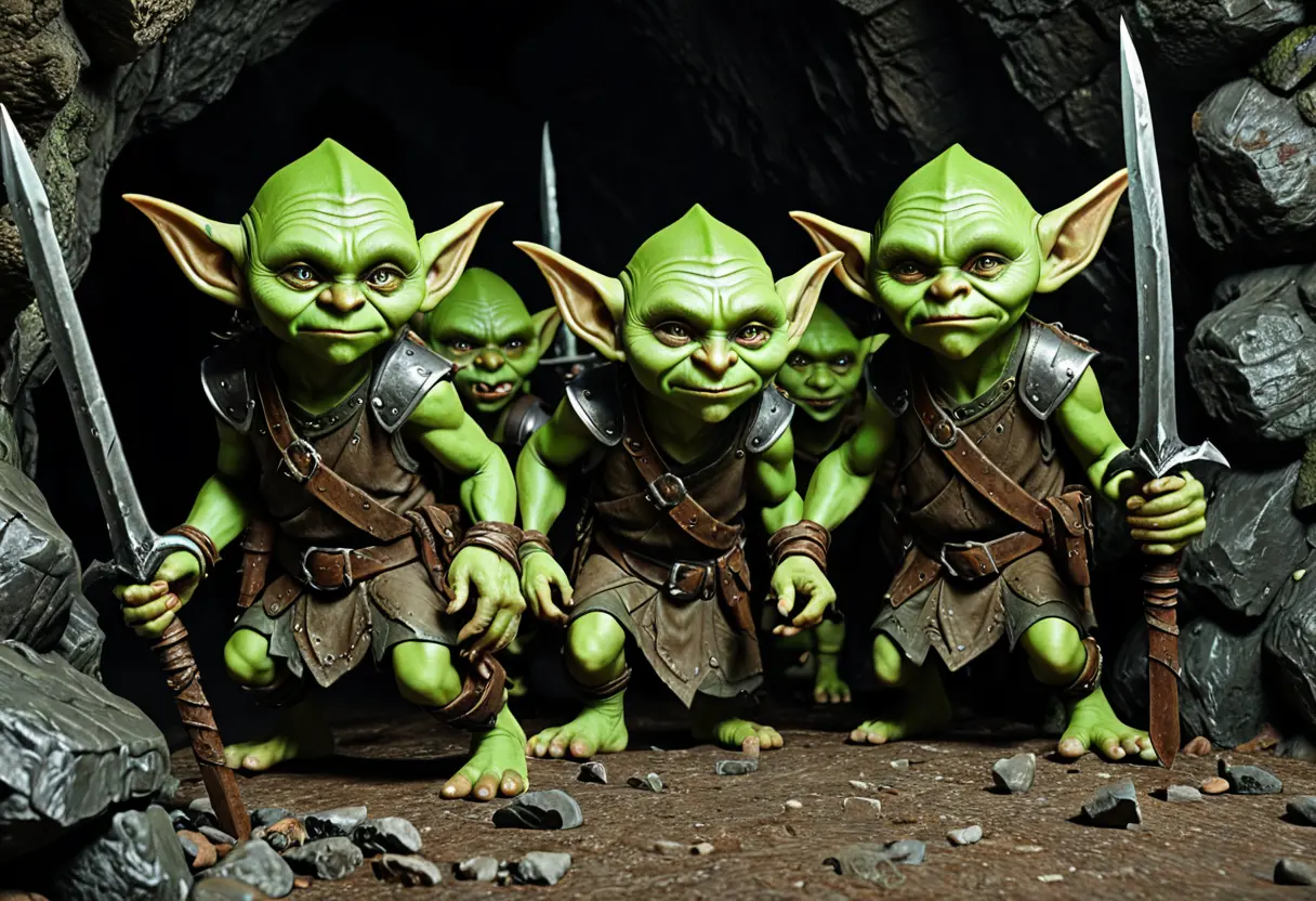 A Goblin horde with crude weapons in a dark cave.
