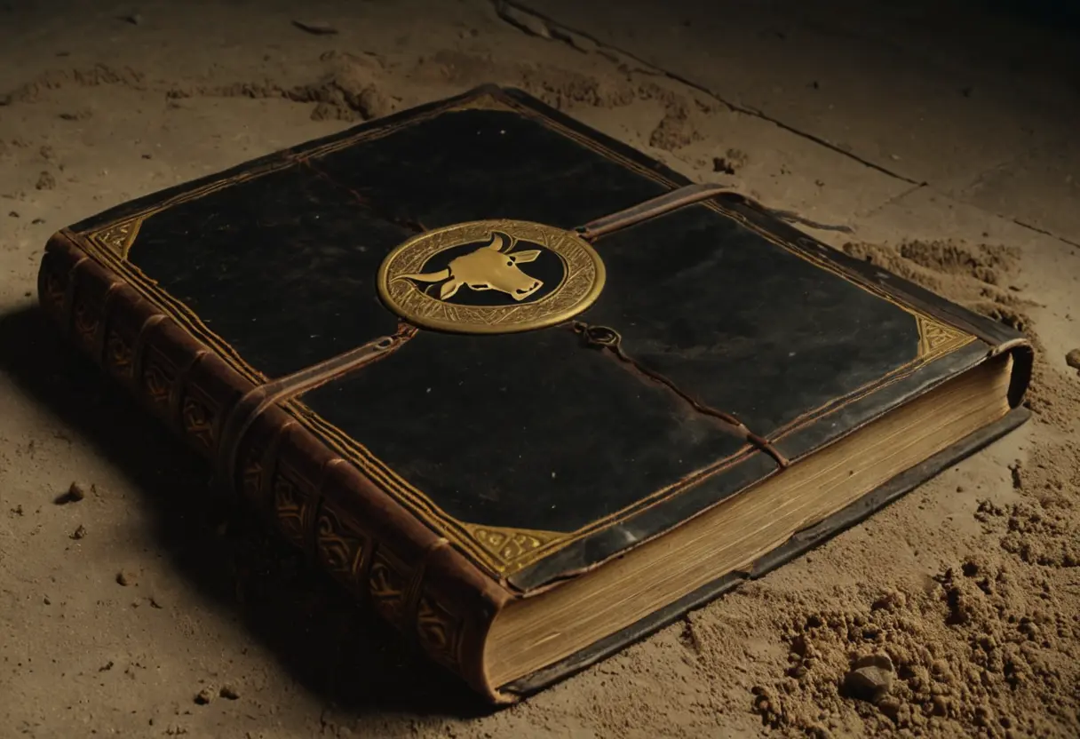 An empty, tattered book with a silhouette of a cow&rsquo;s head on the cover.