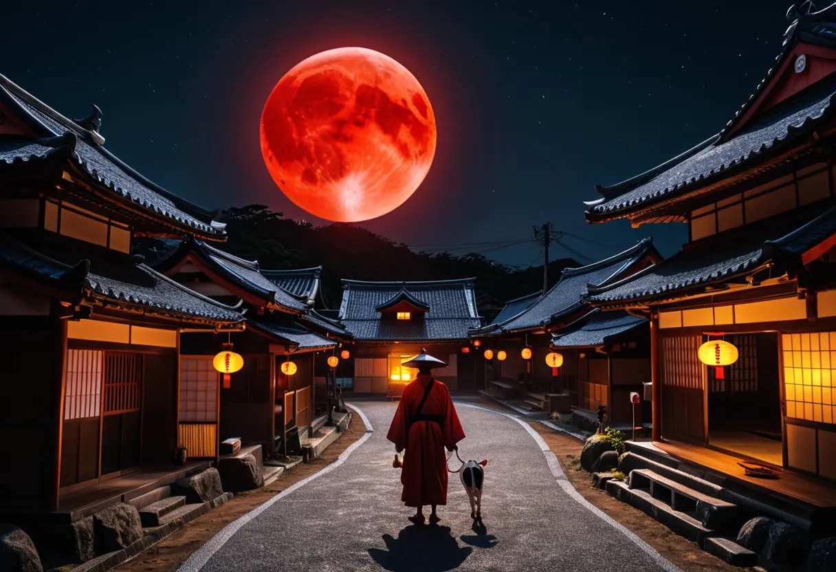 A shadowy figure in a rural village under a blood-red moon.