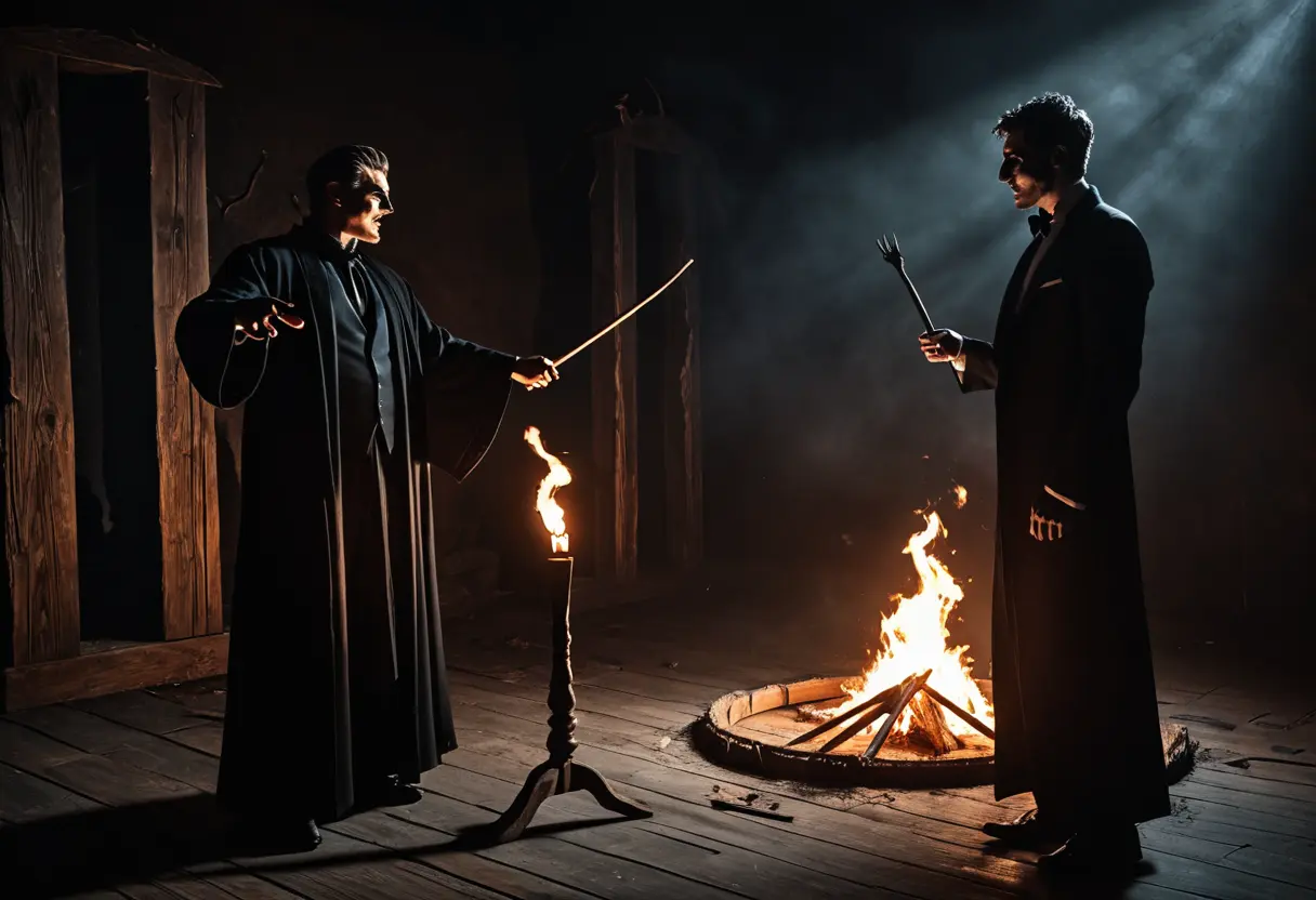 A magician threatening a demon.