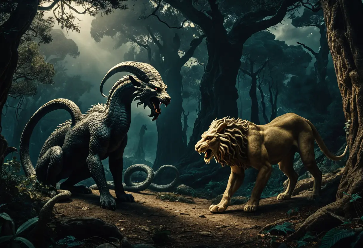 A depiction of a hydra and a chimera in a dark, ancient forest.