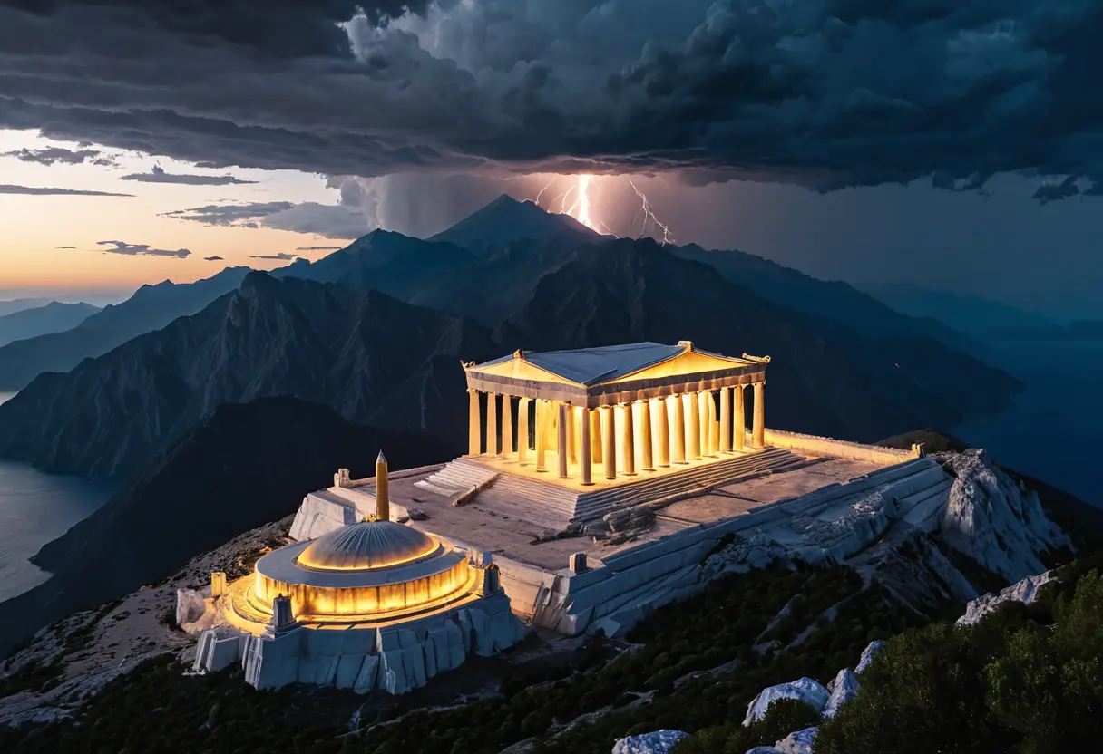 Panorama of Mount Olympus with lightning.