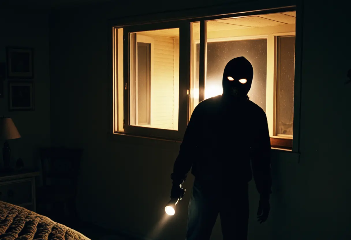 Silhouette of an intruder looking through a window.