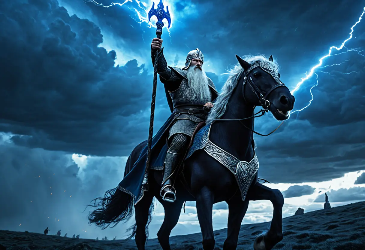 Odin riding Sleipnir and wielding Gungnir.