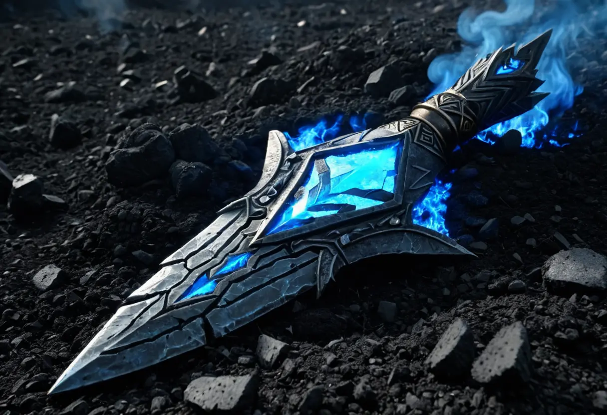 A shattered spear Gungnir on a battlefield of Ragnarök.