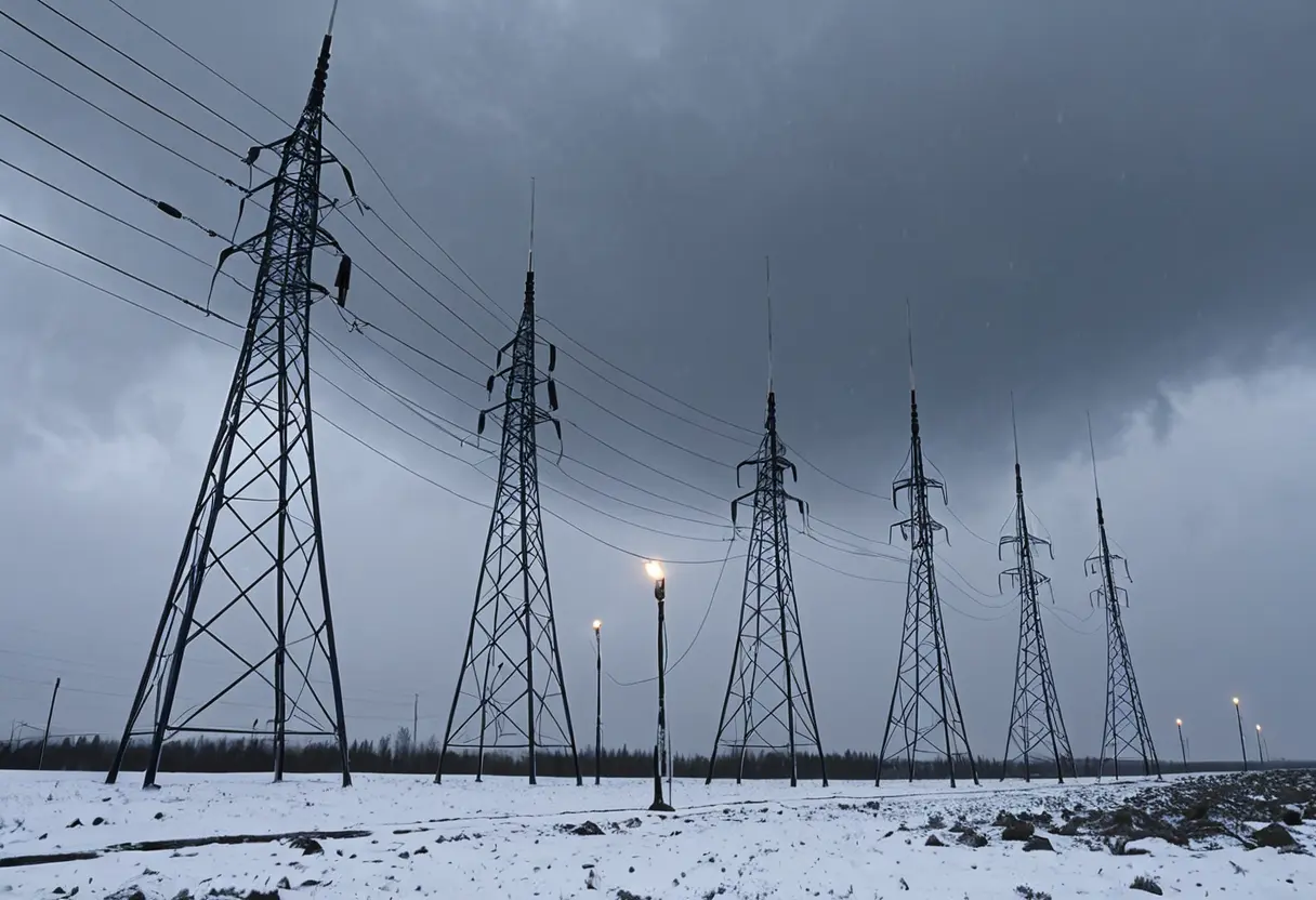 A field of tall metal antennas in the snow.