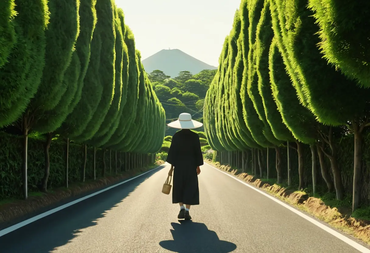A tall woman in a white hat peeking from behind a high hedge.