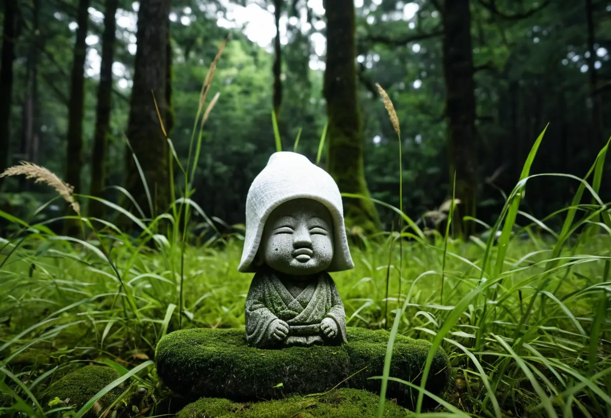 A broken Jizo statue surrounded by weeds and a white hat in the distance.