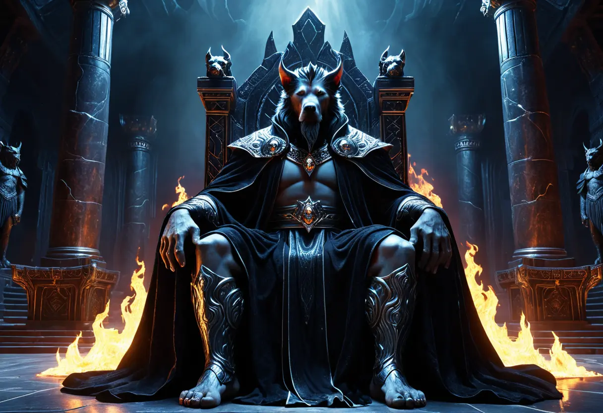 Hades sitting on a throne with Cerberus.
