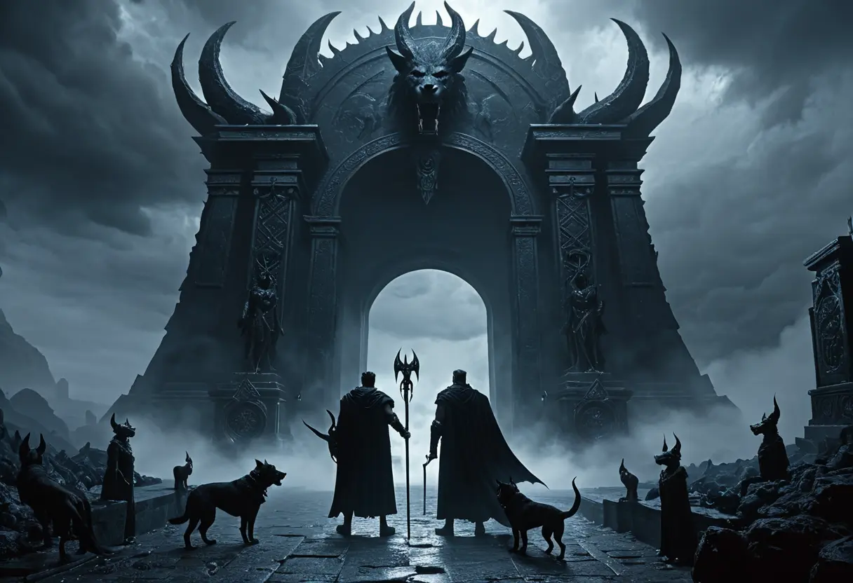 Hades with Cerberus at the gates of the underworld.