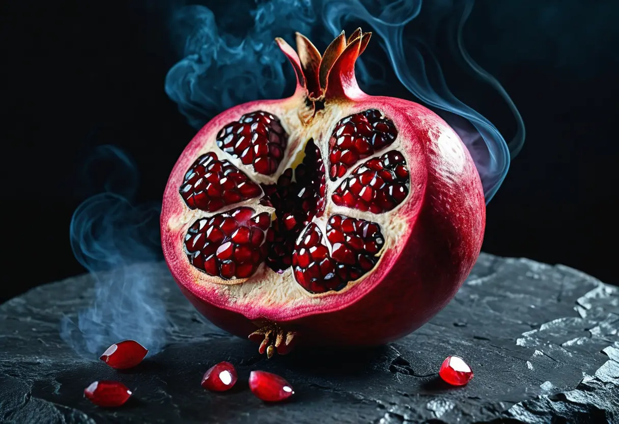 A dark, symbolic still life of a cracked pomegranate.