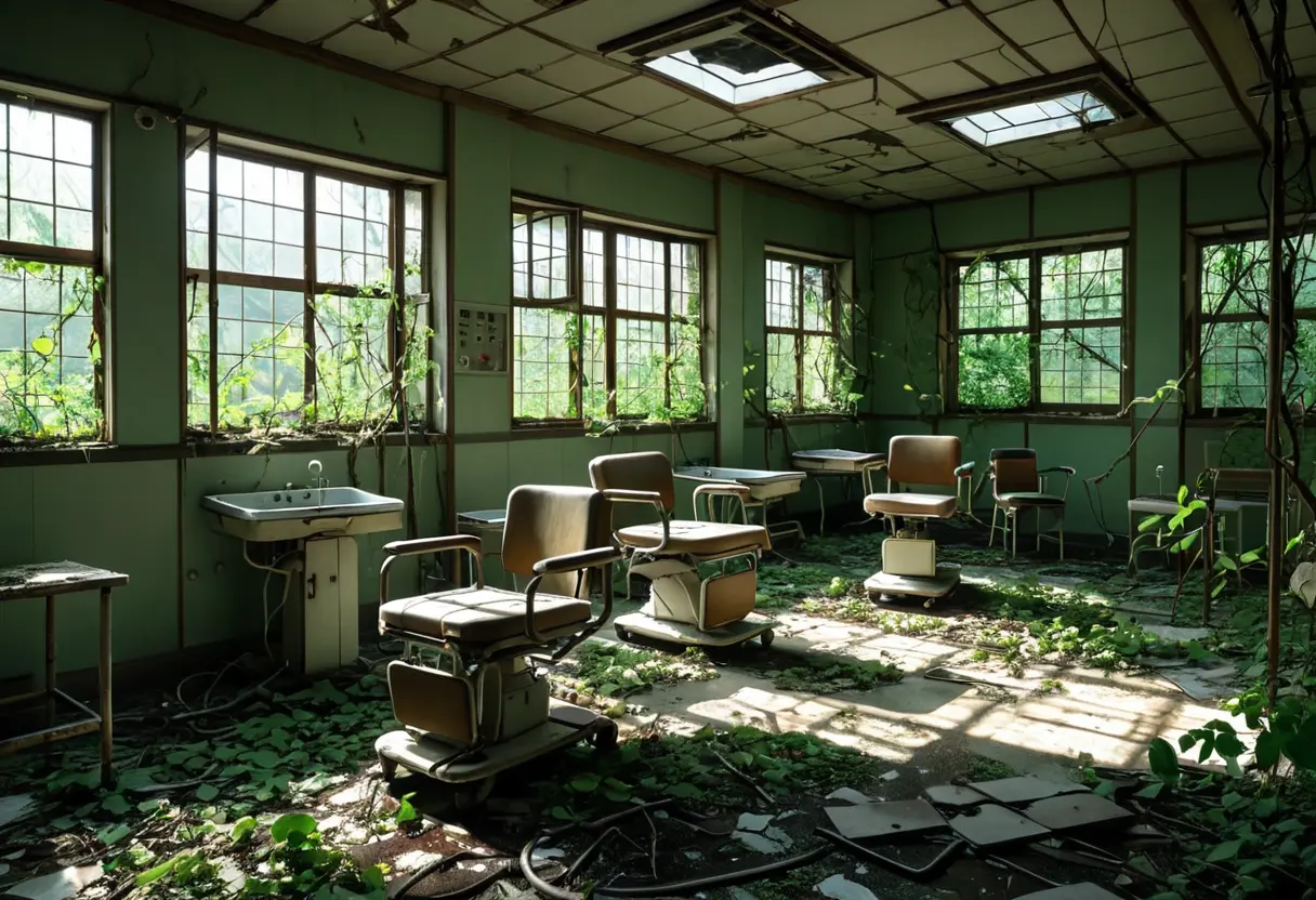 An interior of an abandoned clinic with medical tools and ivy.