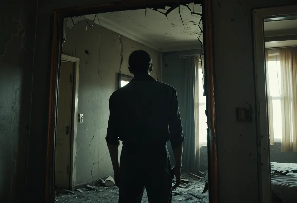 A close-up of a dusty mirror in a ruin reflecting a shadow.