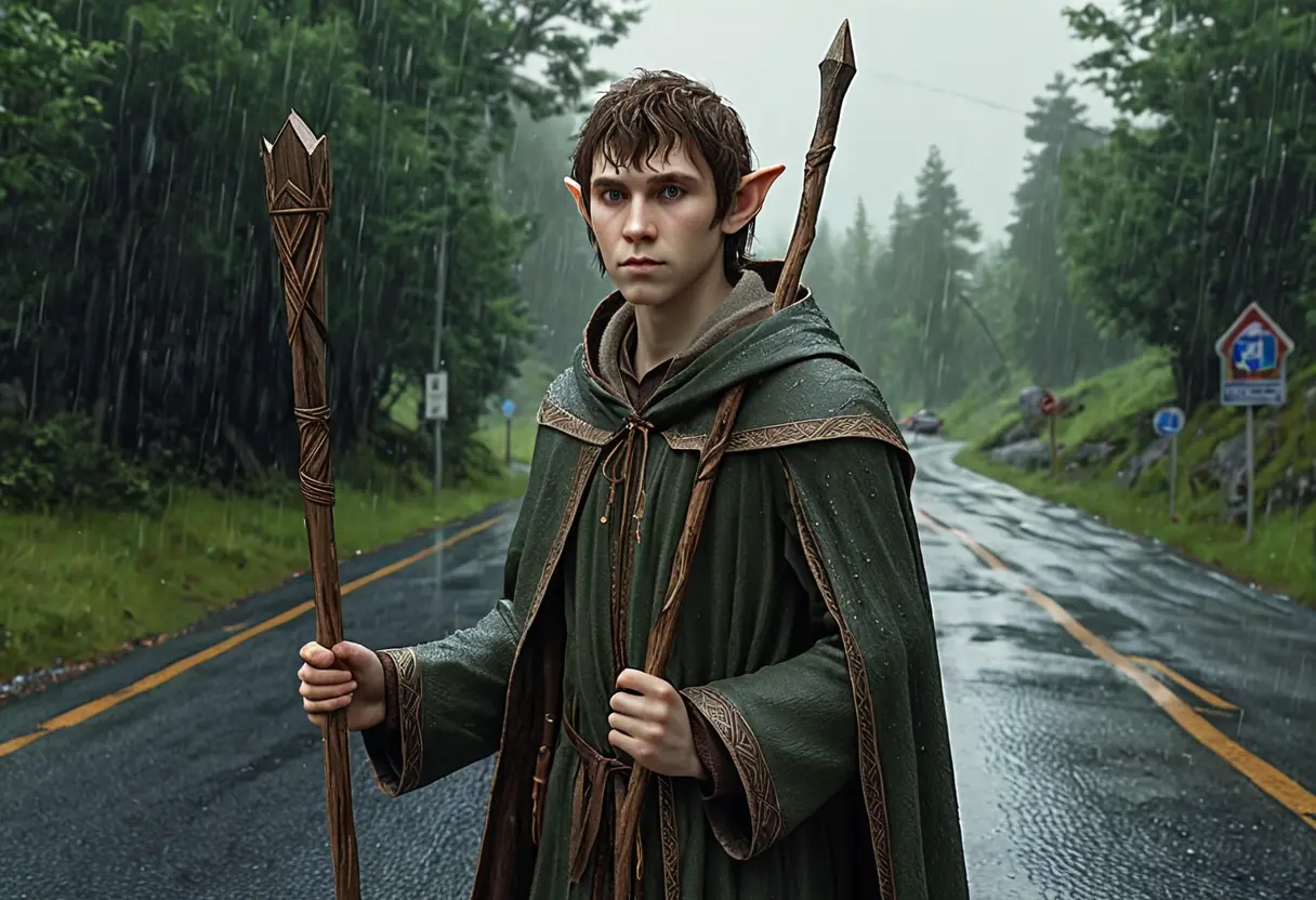 A Half-Elf traveler at a crossroads in the rain.
