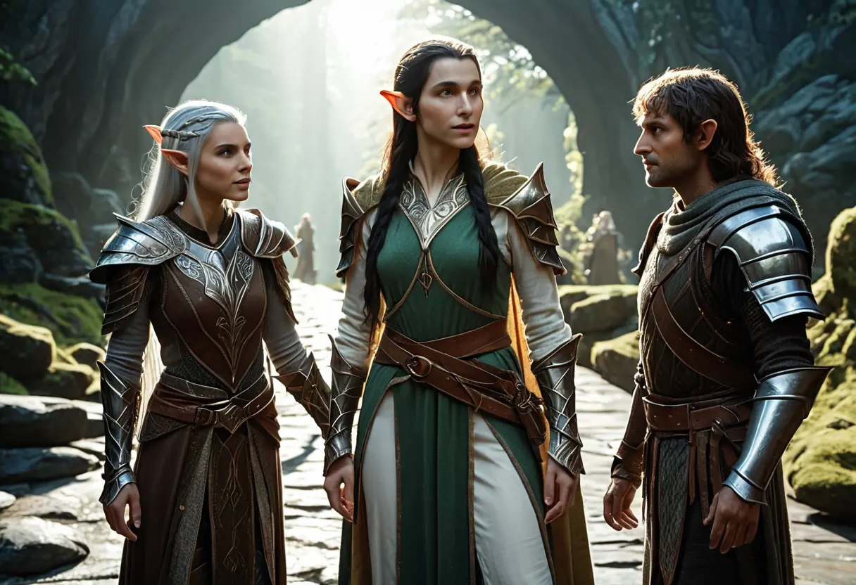 A Half-Elf diplomat negotiating between an Elf King and a Human Lord.