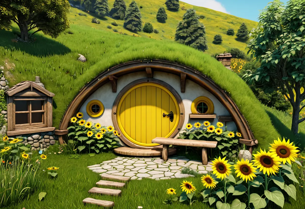 A cozy Halfling hole with a round wooden door.