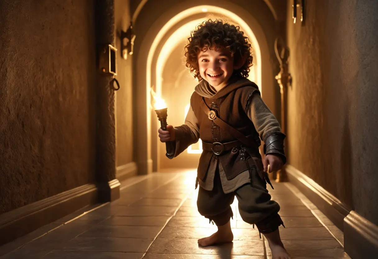 A Halfling thief smiling as they pick a lock.