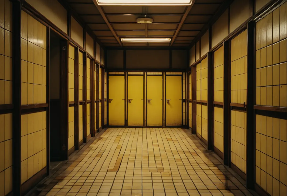 A dark, retro-style Japanese school restroom with shadows stretching across the tiles.