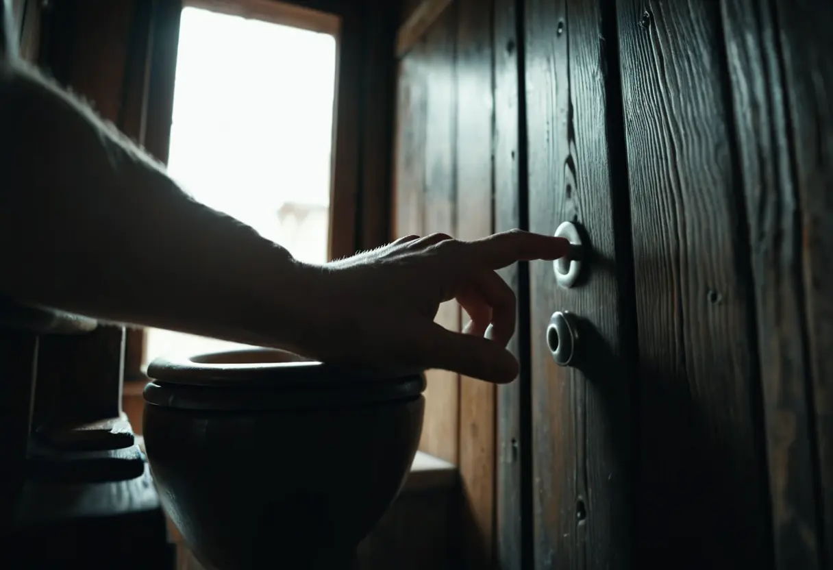 Close-up of a child&rsquo;s hand knocking on a weathered wooden stall door.