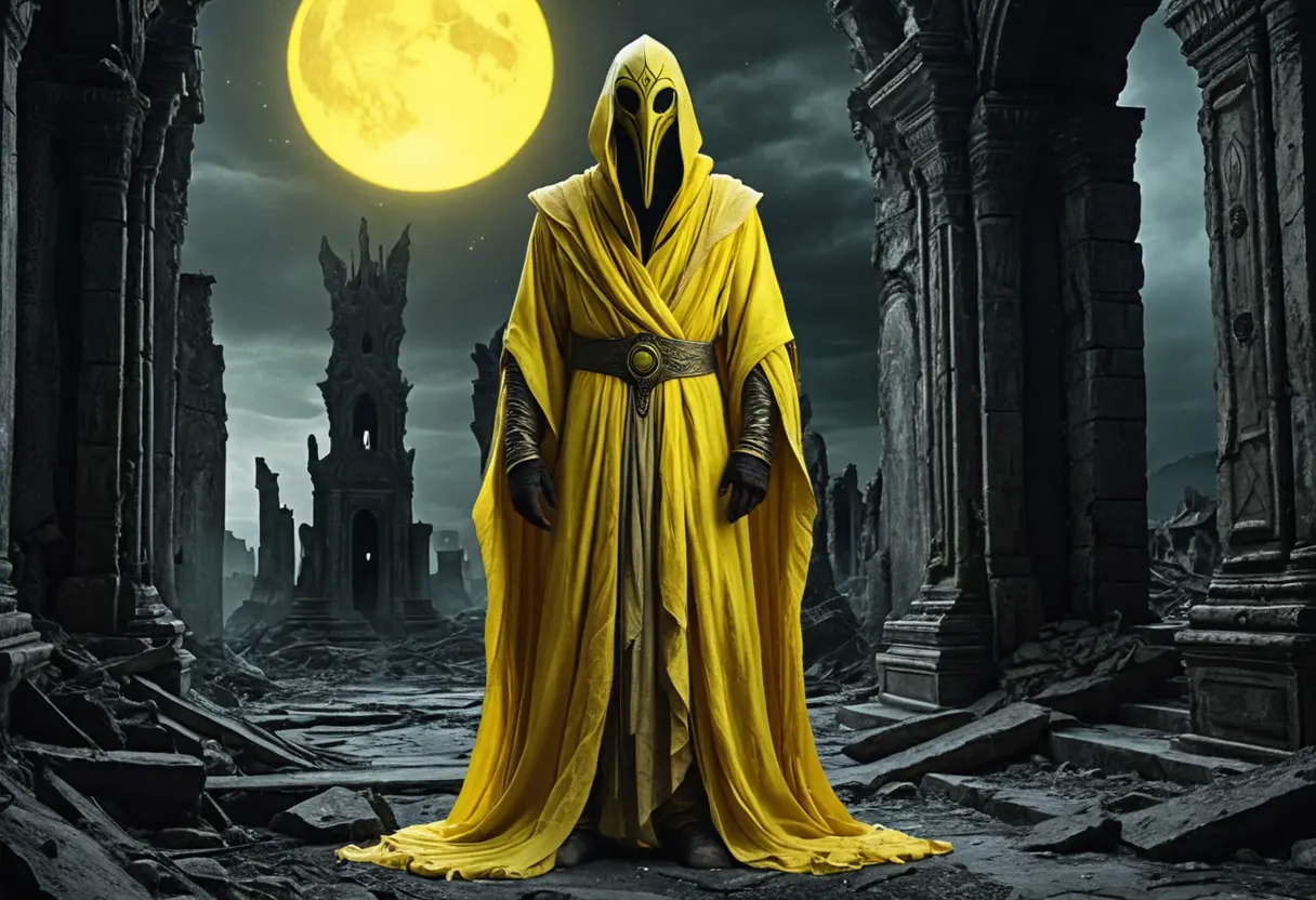 The King in Yellow in silk robes standing in the ruins of Carcosa.