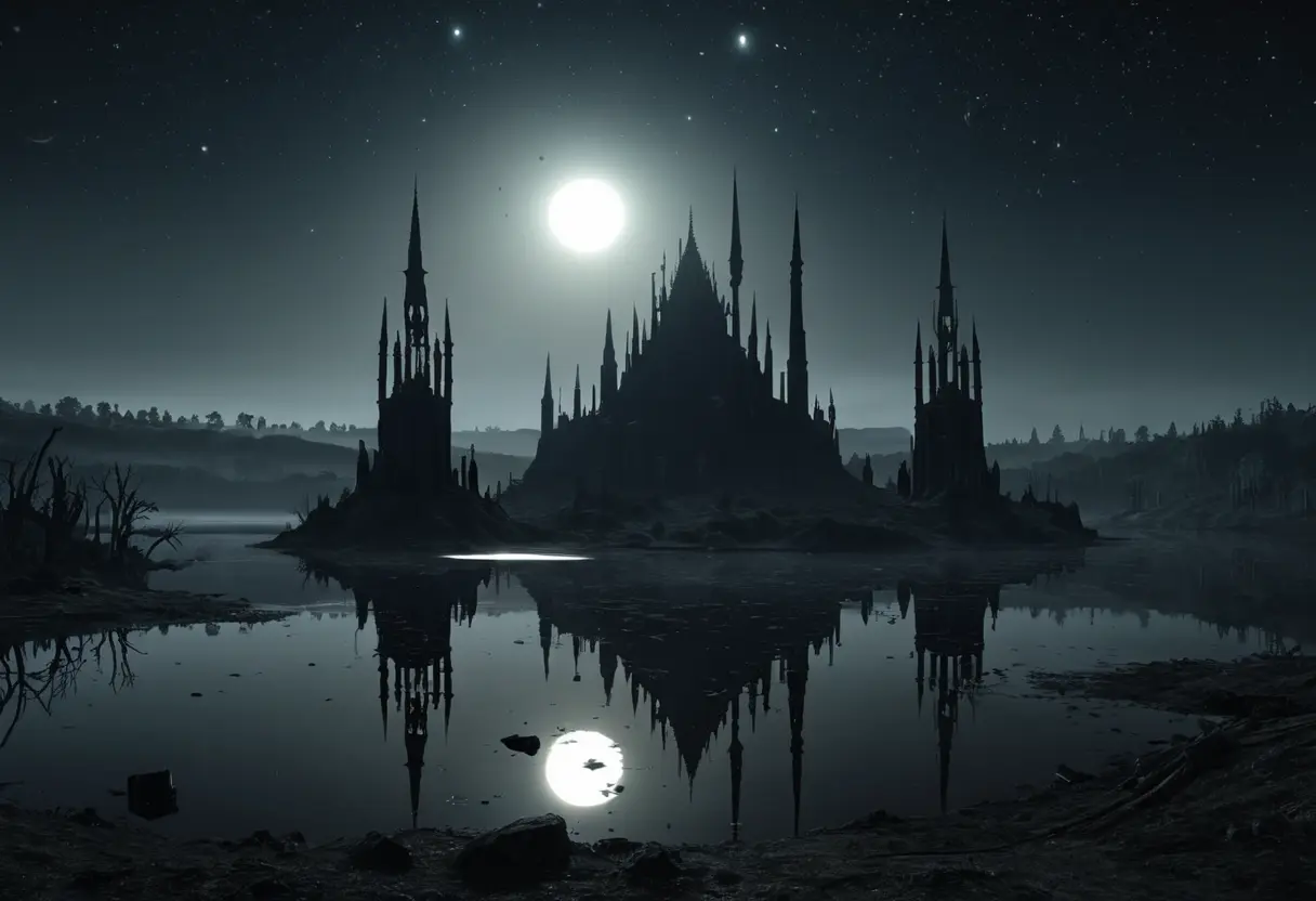 A dark lake reflecting twin suns under a black sky.