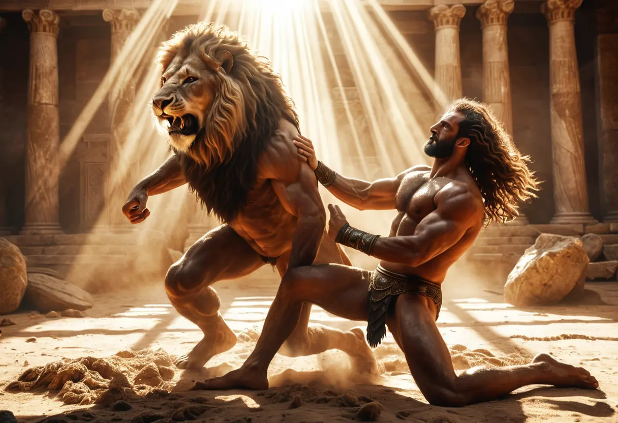 Heracles fighting the Nemean Lion.