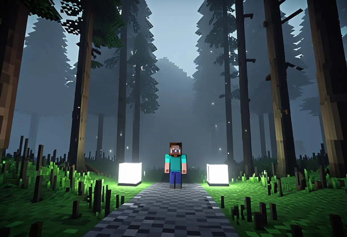 A blocky figure with white eyes in a forest.