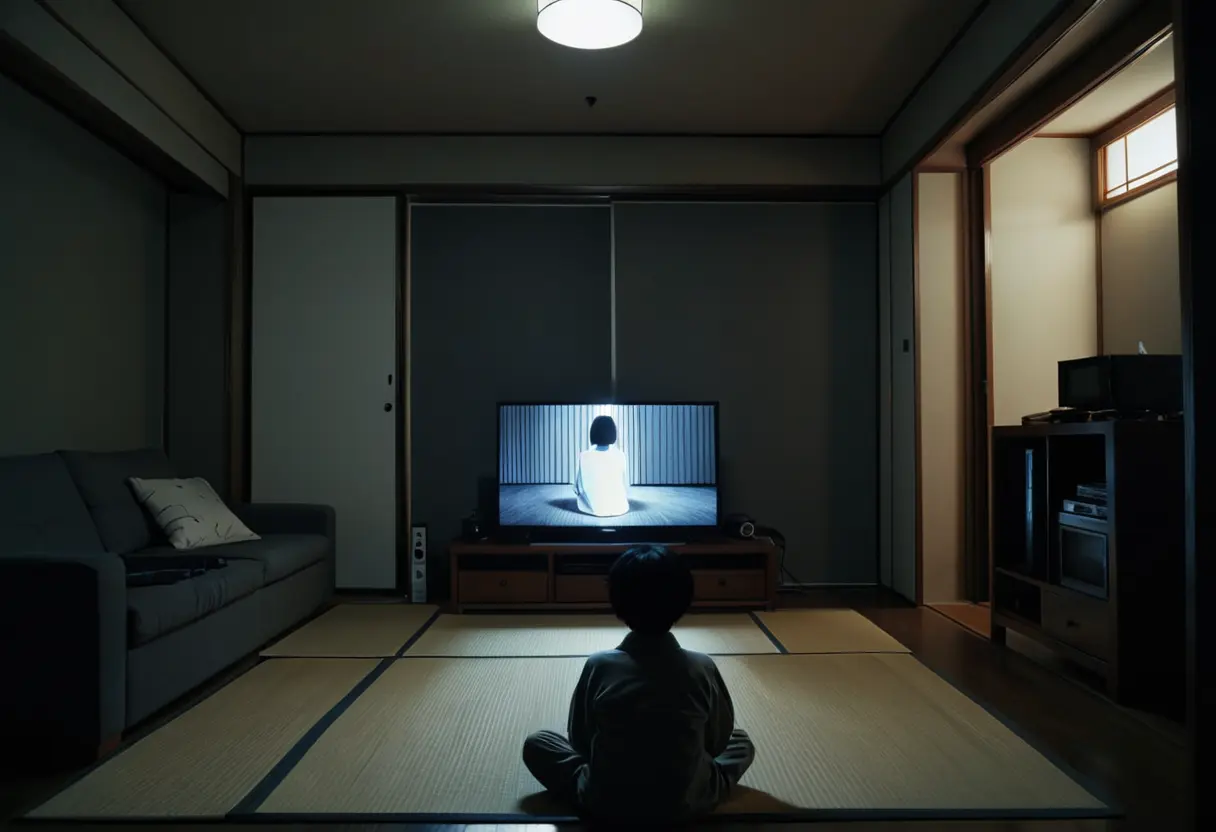 A person staring at a flickering TV in a dark living room.