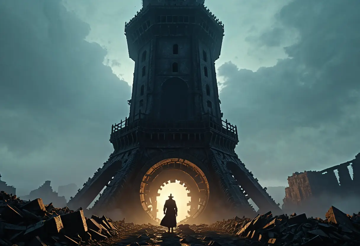 Silhouette of a tower in the fog.