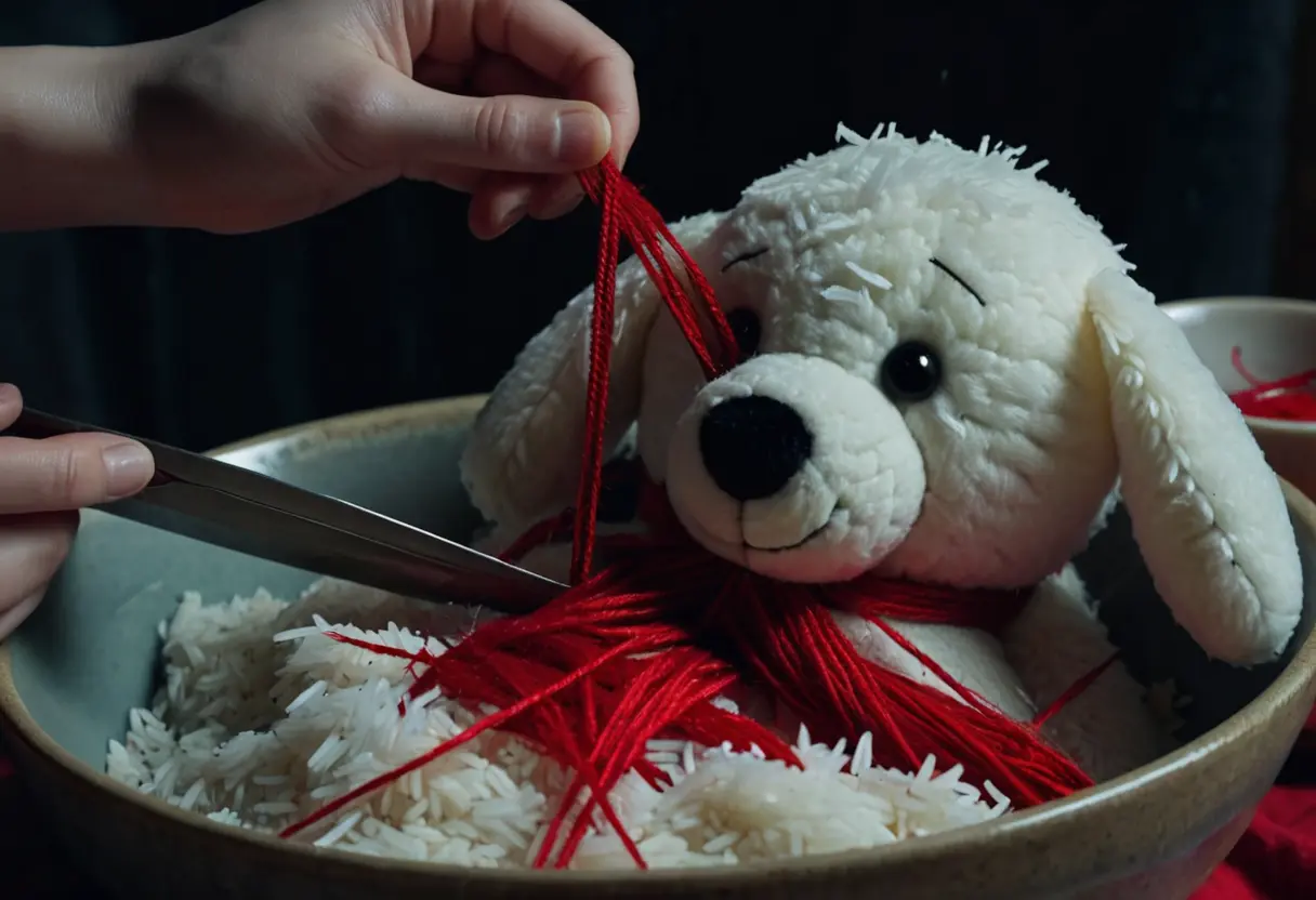 Hands stitching a stuffed bear with a thick red thread.