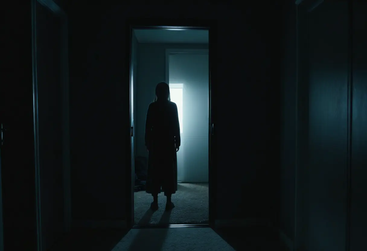 A dark closet with someone peering through a crack in the door.