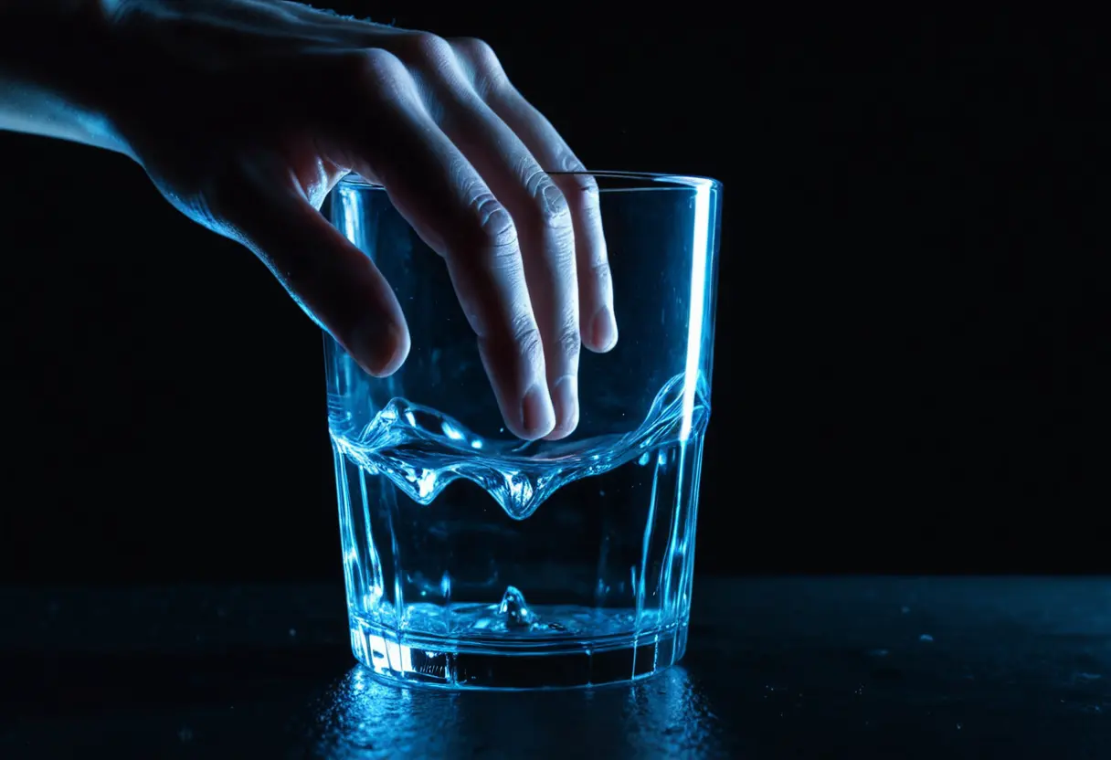A person&rsquo;s hand tremulously holding a glass of water in the dark.