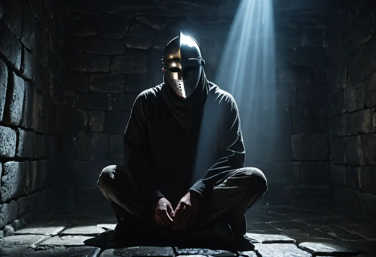 A man with an iron mask in a dark cell.