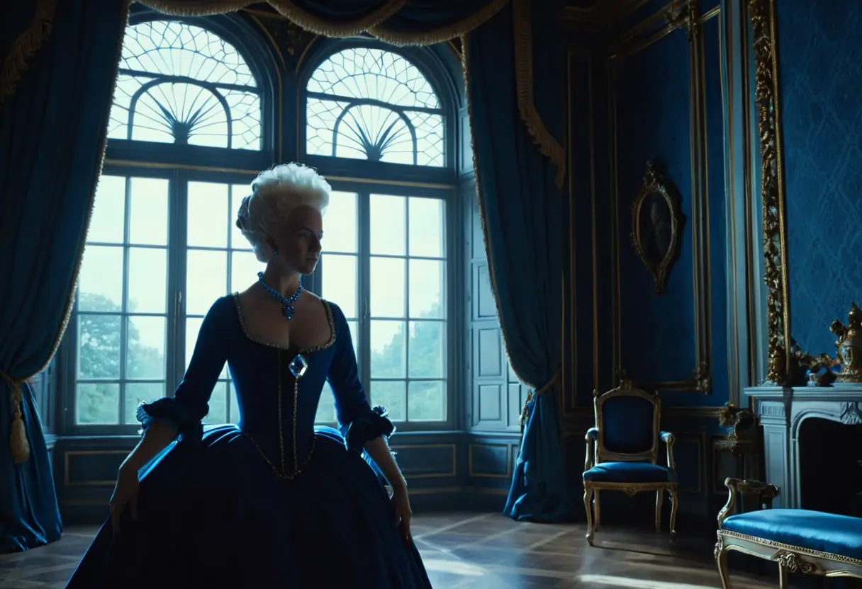 A portrait of Marie Antoinette with a blue diamond necklace.