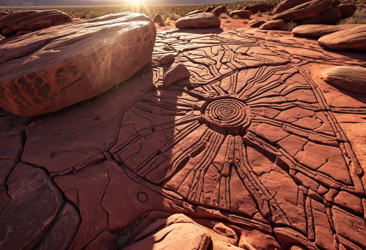 An ancient rock drawing showing two separate paths for humanity.