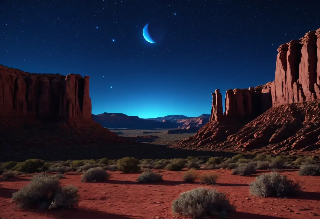 A brilliant blue celestial body illuminating the desert at night.
