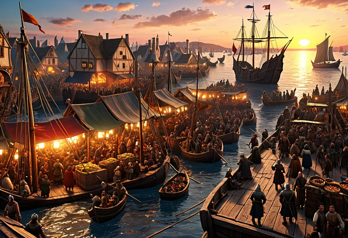 A bustling human market at a harbor at sunset.