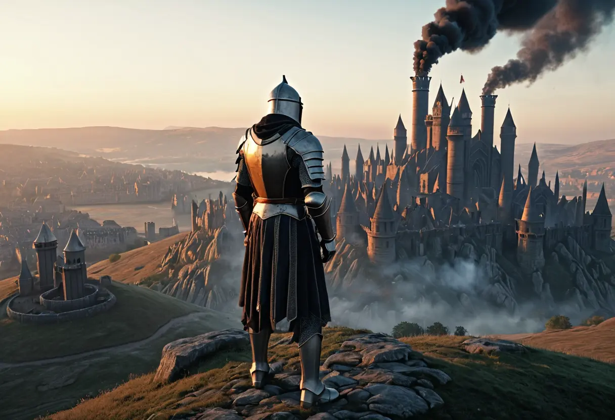 A knight standing on a hill overlooking a growing city.