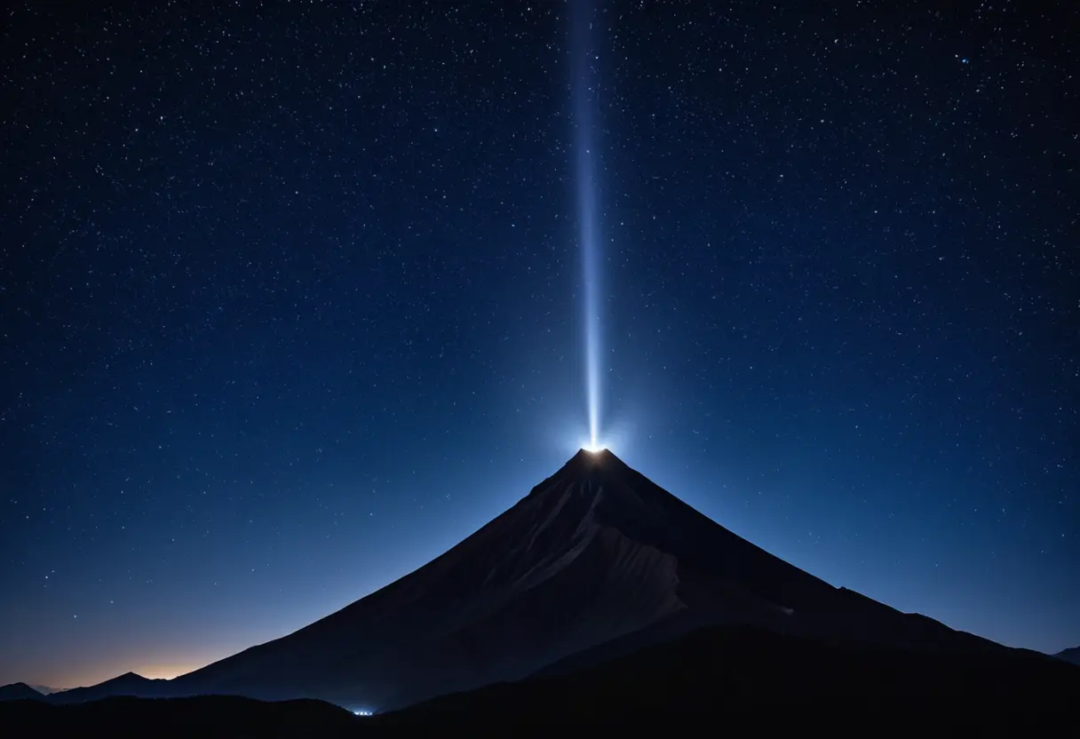 A conical mountain under a starry night sky.
