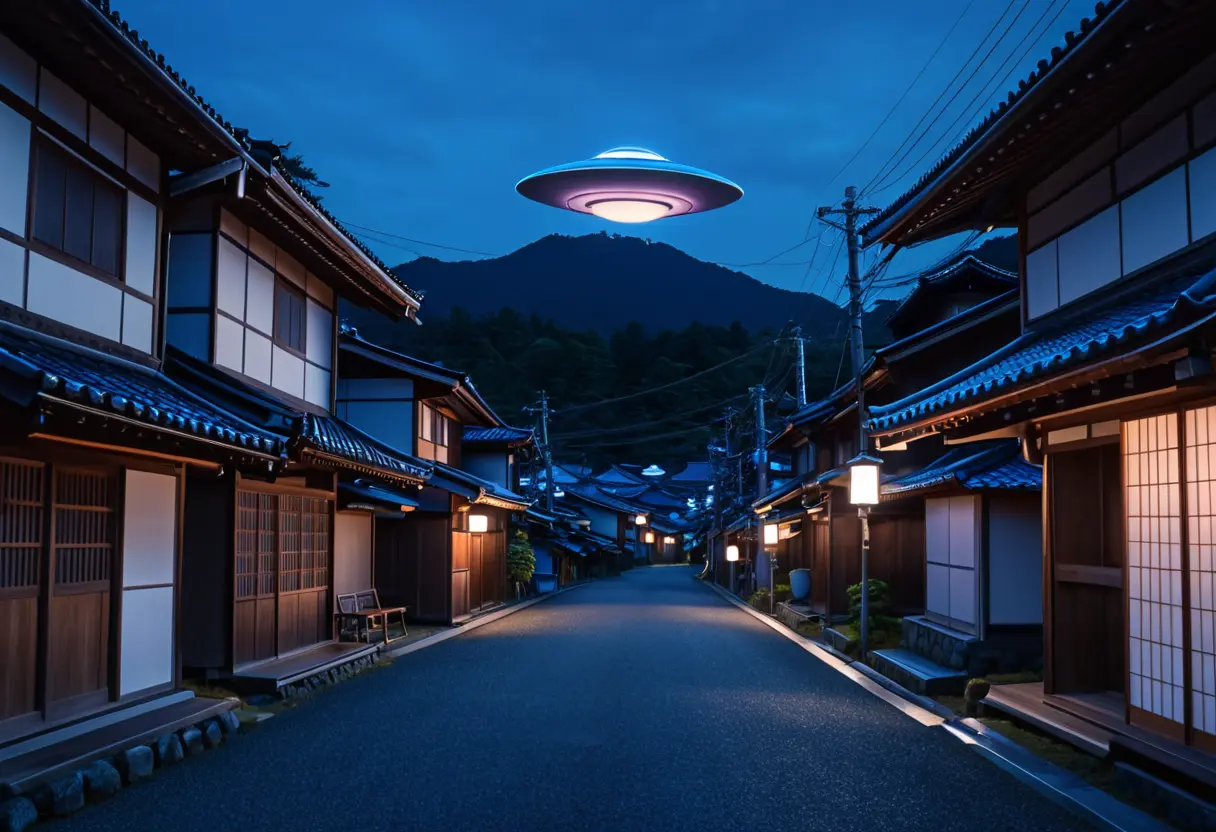 A UFO-shaped street lamp in a traditional street.