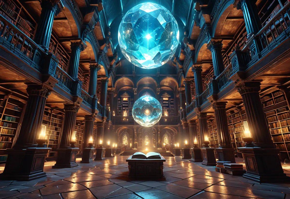 A majestic ancient library carved inside a giant glowing crystal cavern.