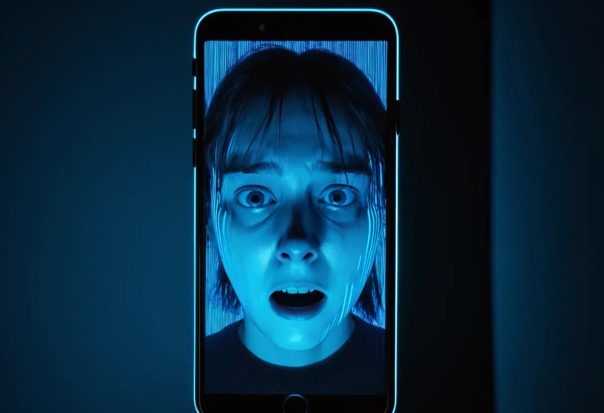 A dark collage of a glitchy phone screen and an empty train station.