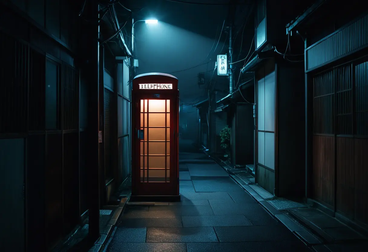 An eerie urban landscape where a lonely glowing telephone booth light fades into the fog.