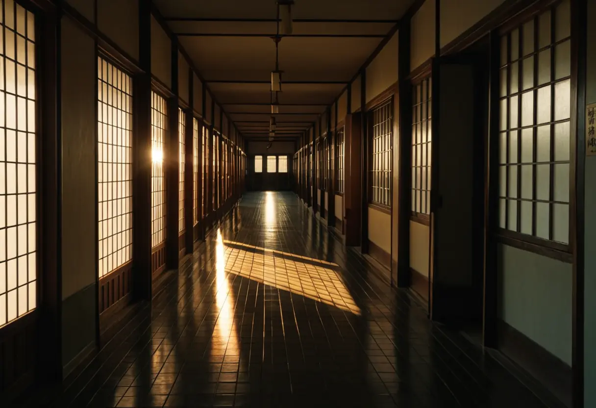 A shadow stretching across an empty hallway of an old school at sunset.