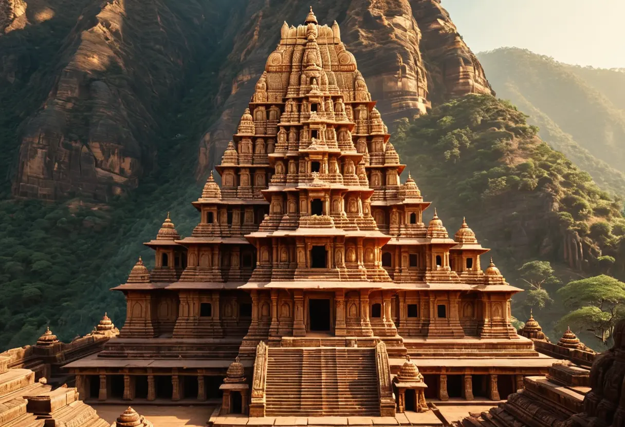 Panoramic view of an ancient Indian temple complex.