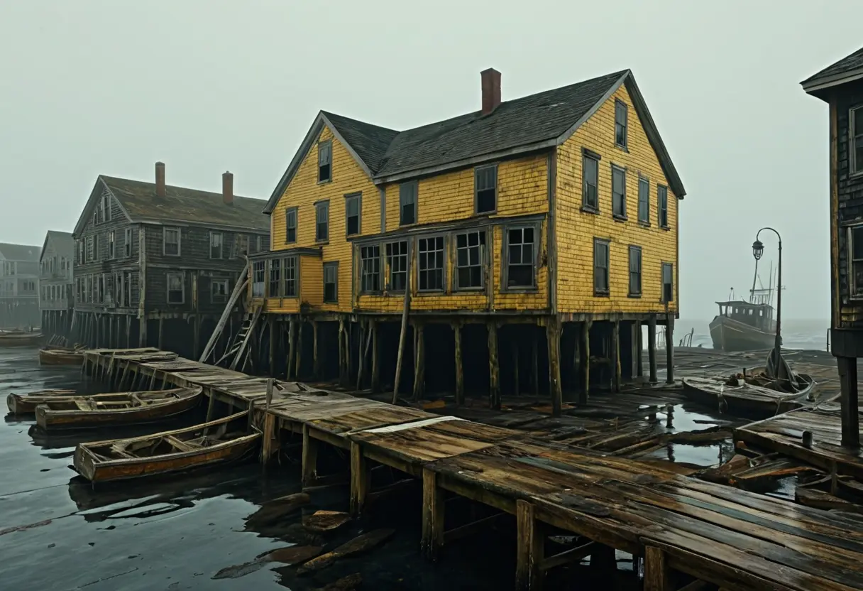 Decaying wharves of Innsmouth in a thick yellowish fog.