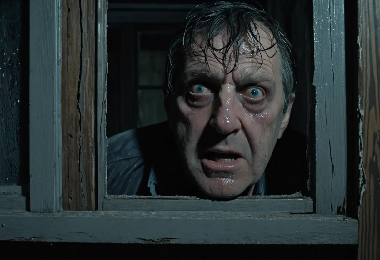 A man with large unblinking eyes looking out of a dark window.