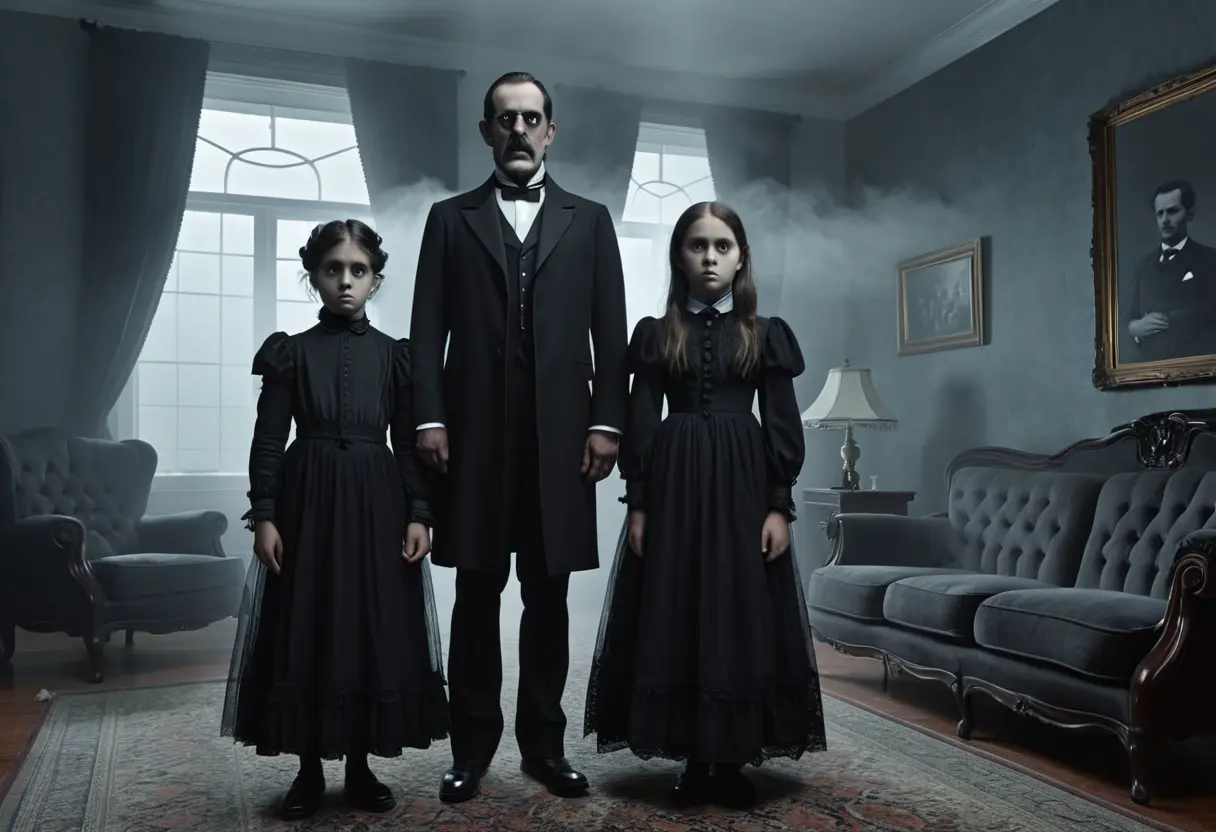 A Victorian family standing perfectly still in a misty room.